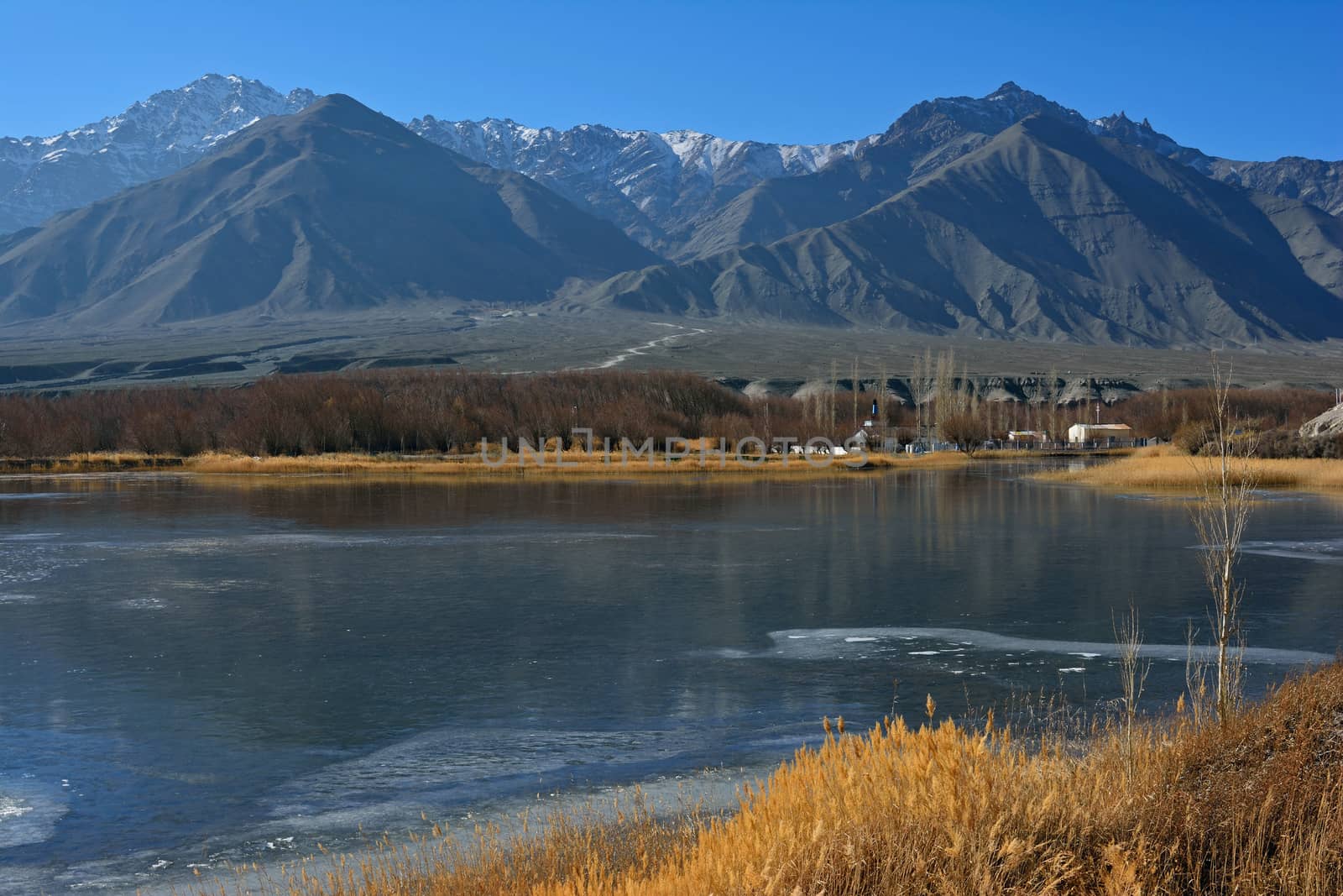 landscape with mountain, rock and stream at Ladakh, India by think4photop