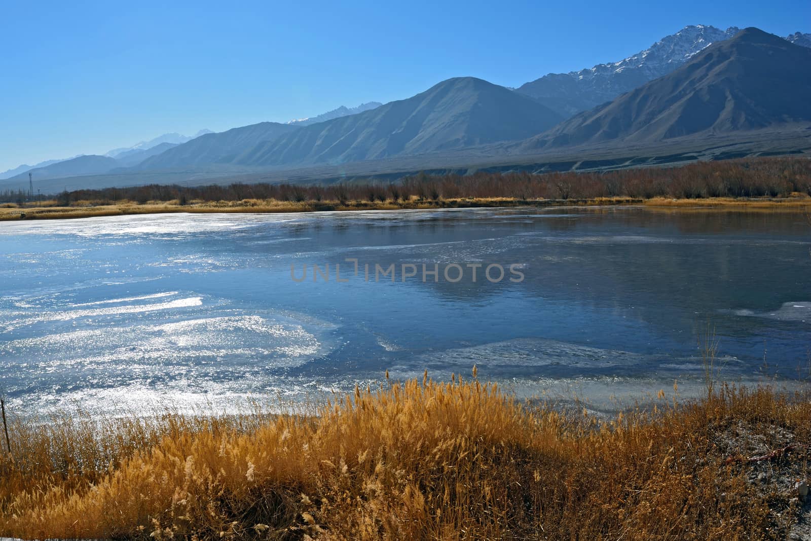 landscape with mountain, rock and stream at Ladakh, India