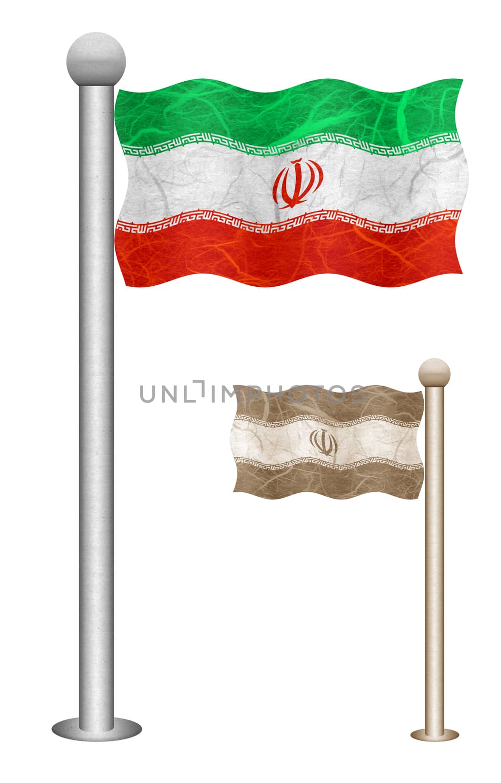 Iran flag waving on the wind. Flags of countries in Asia. Mulberry paper on white background.