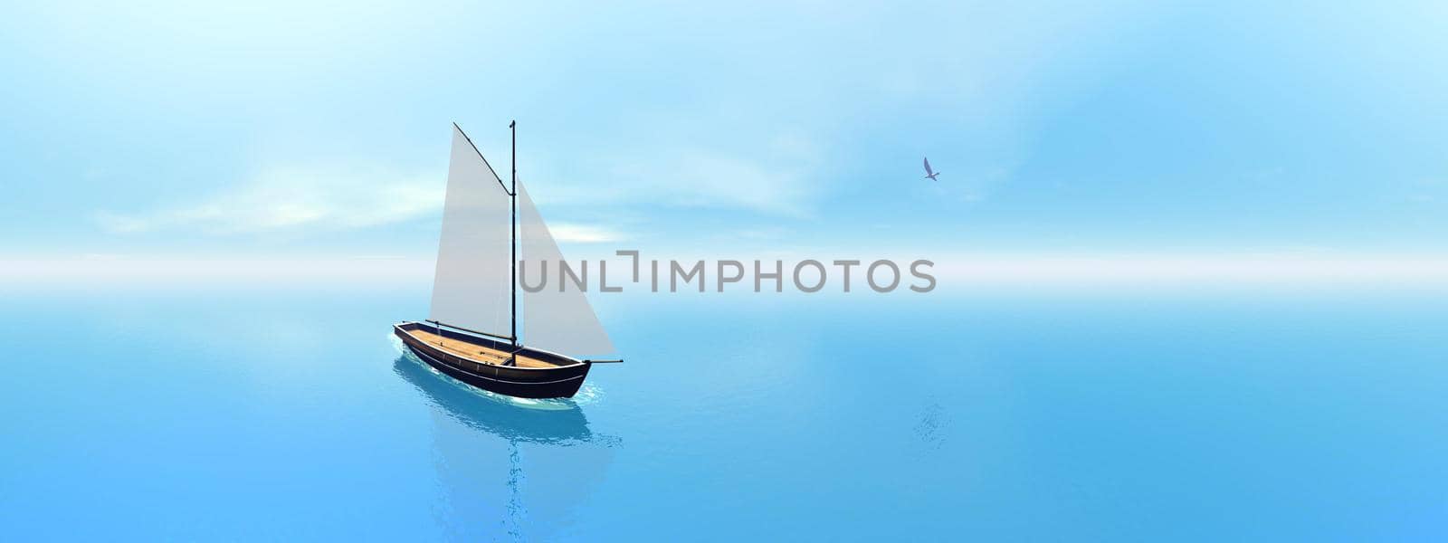 One sailing boat floating on the water next to seagull, 360 degrees effect