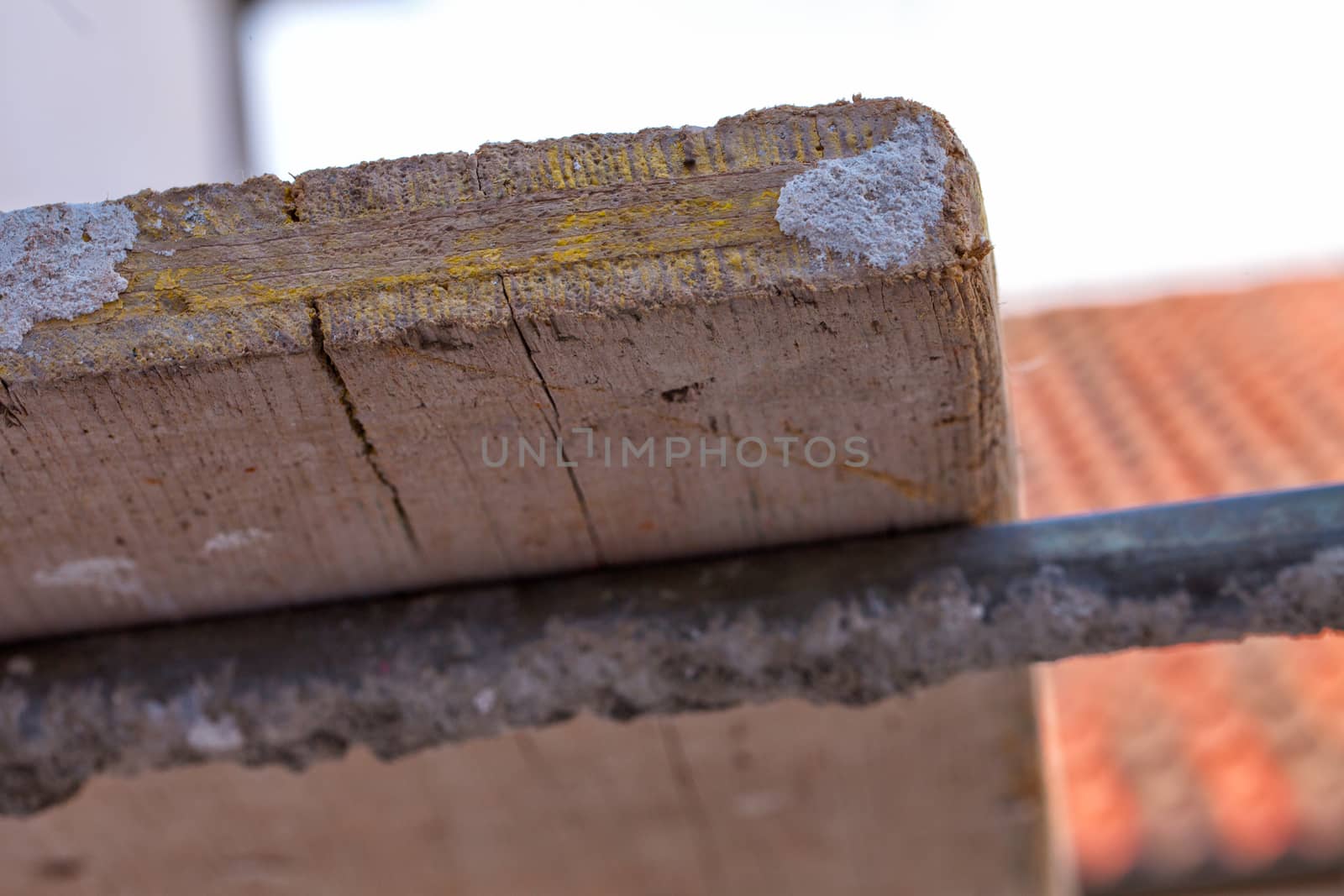 Wooden table of an industrial scaffold, close up