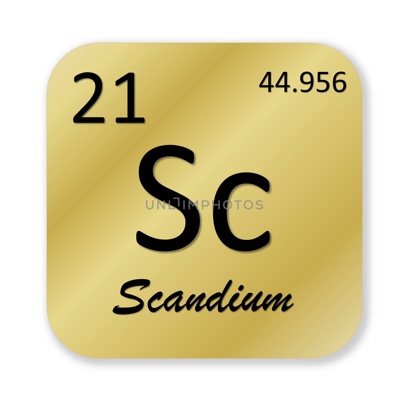 Black scandium element into golden square shape isolated in white background
