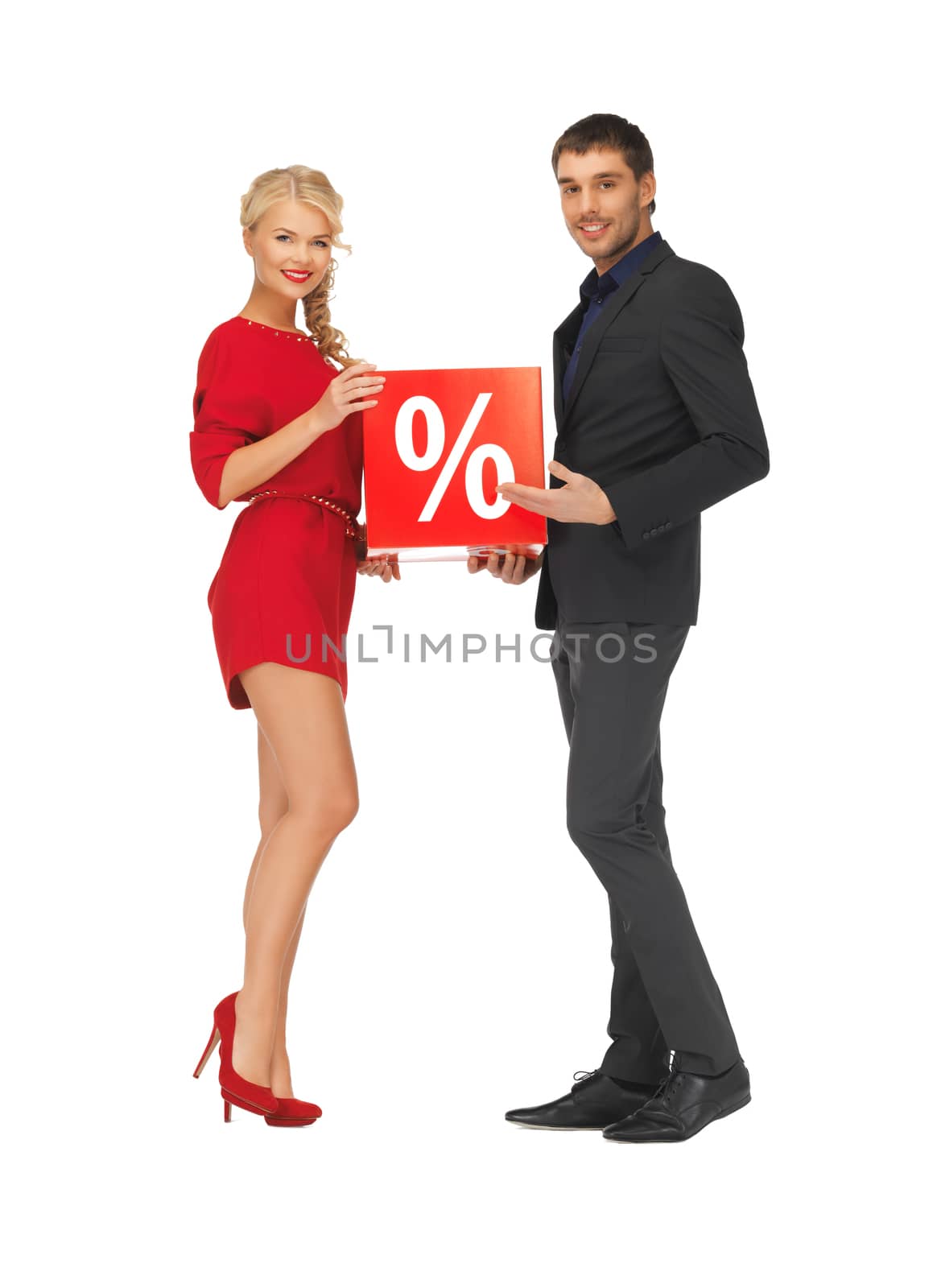 bright picture of man and woman with percent sign