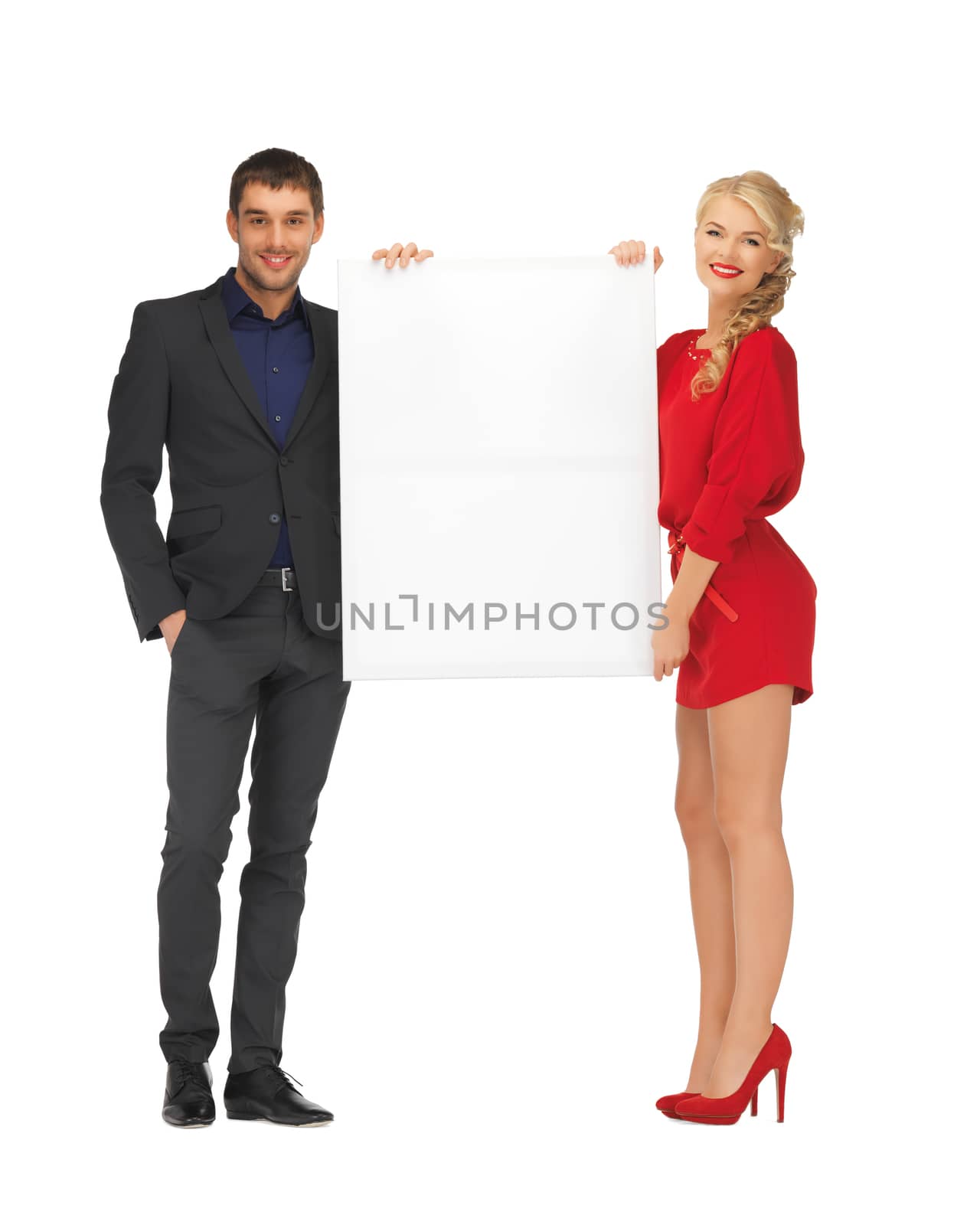 bright picture of couple holding big blank board