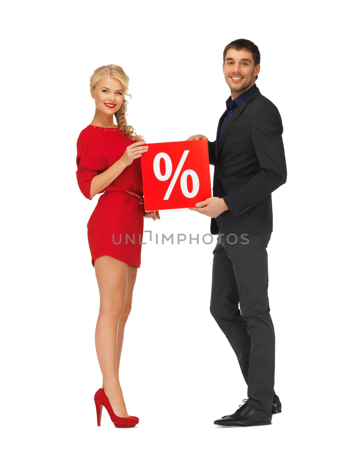 bright picture of man and woman with percent sign