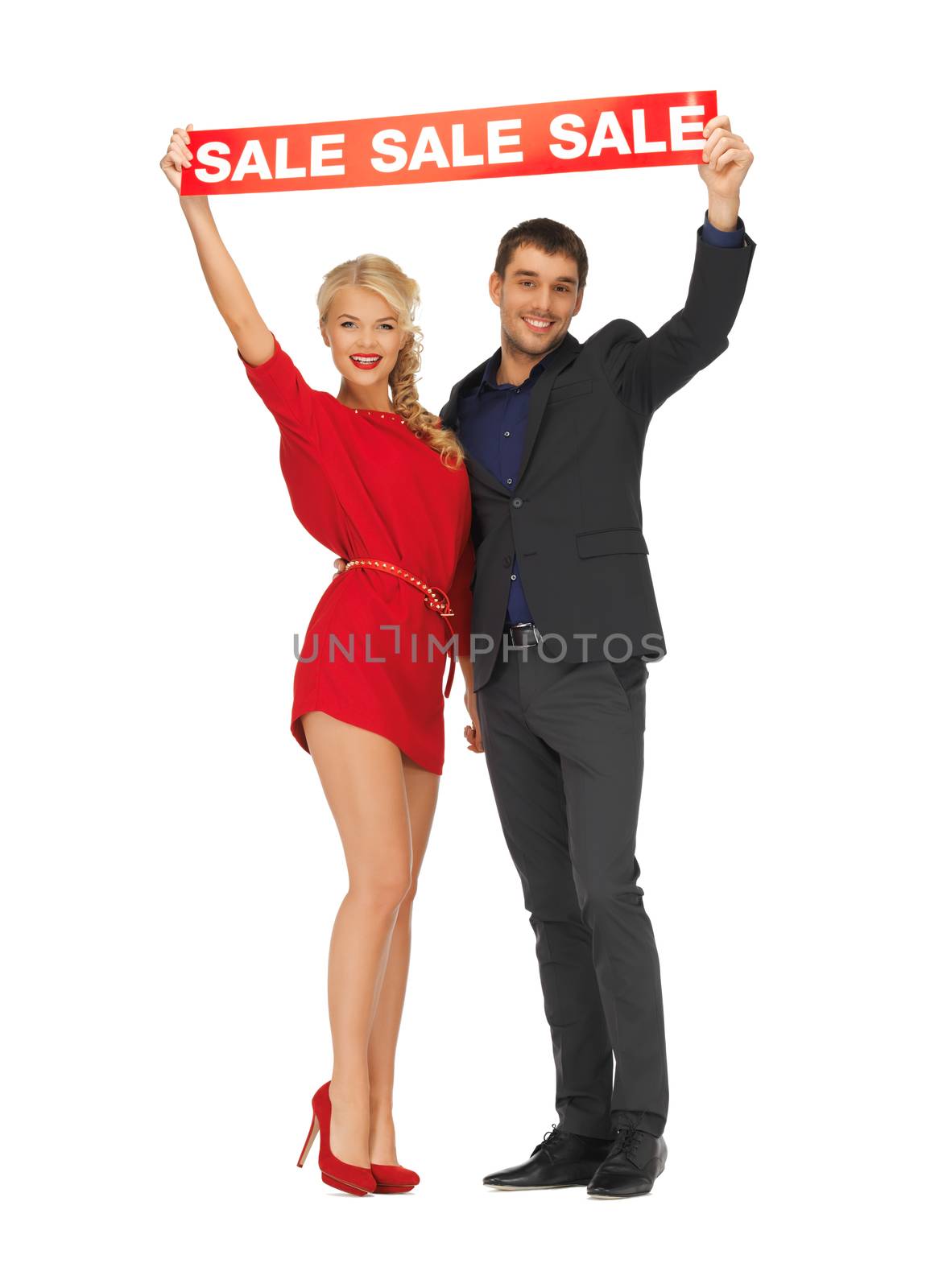 bright picture of man and woman with sale sign