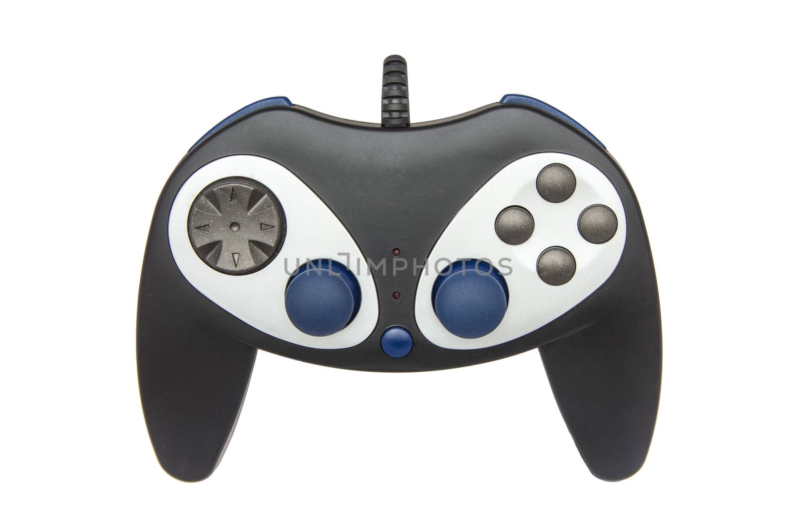 Black joystick of computer or video game on white background