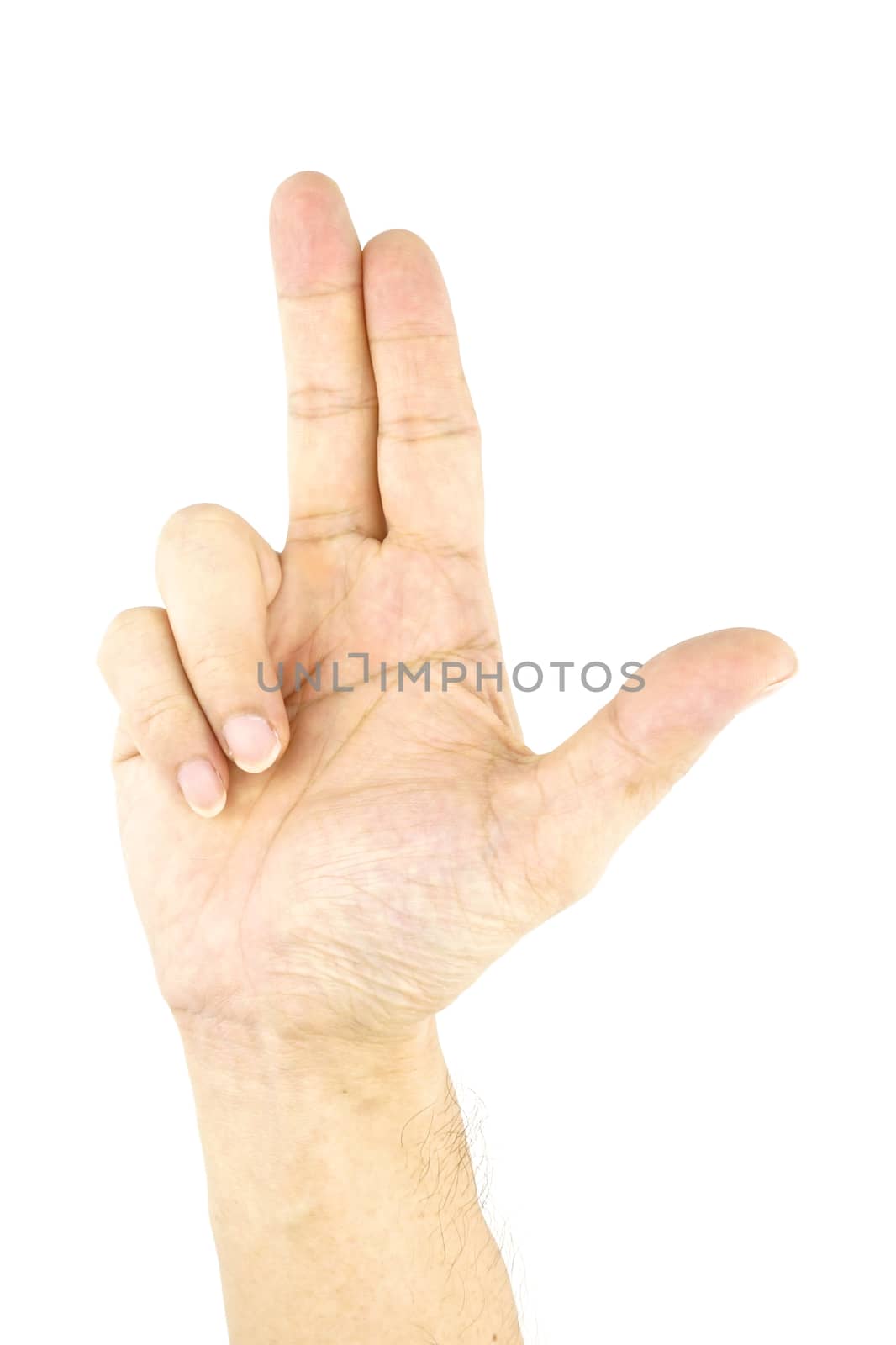 Hand of man make signal by gun isolated on white background.