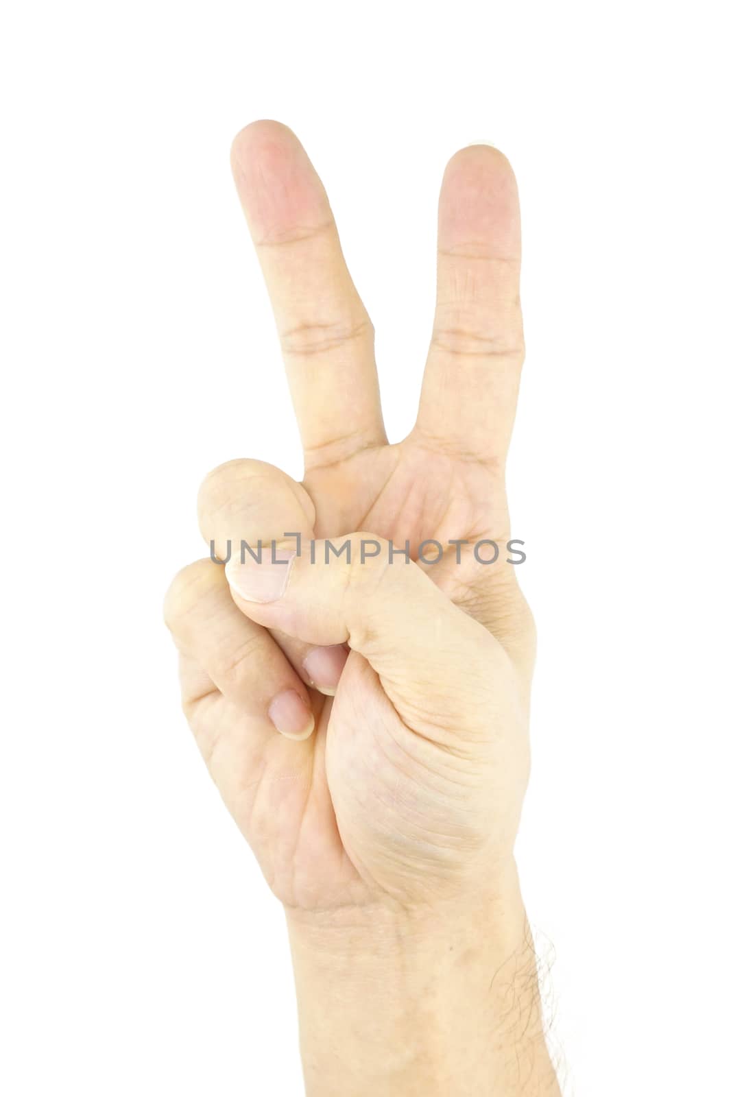 Hand of man make signal by victory isolated on white background.