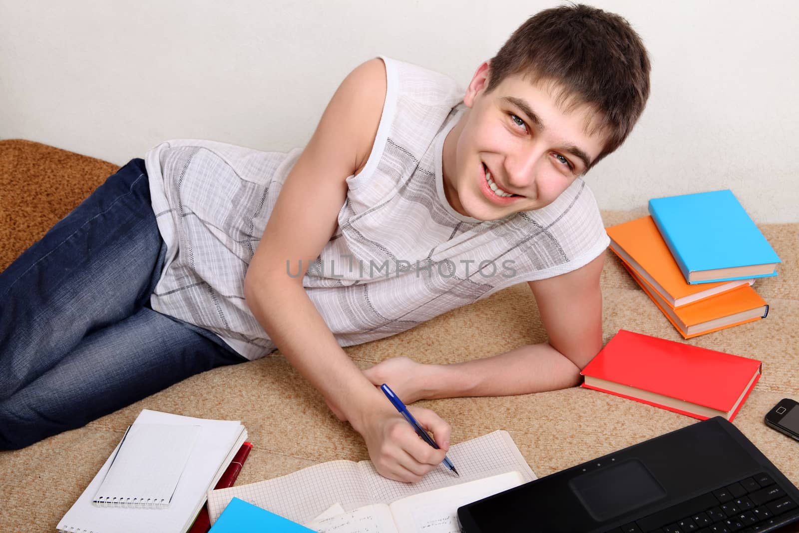 Teenager doing Homework on the Sofa at the Home