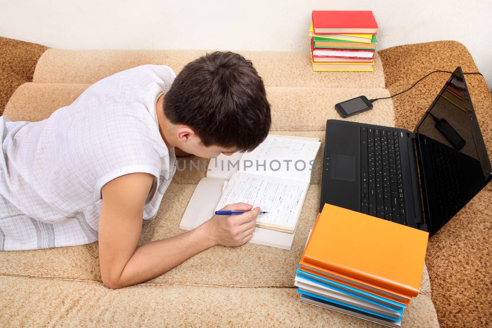 Teenager doing Homework on the Sofa with Laptop and many Books
