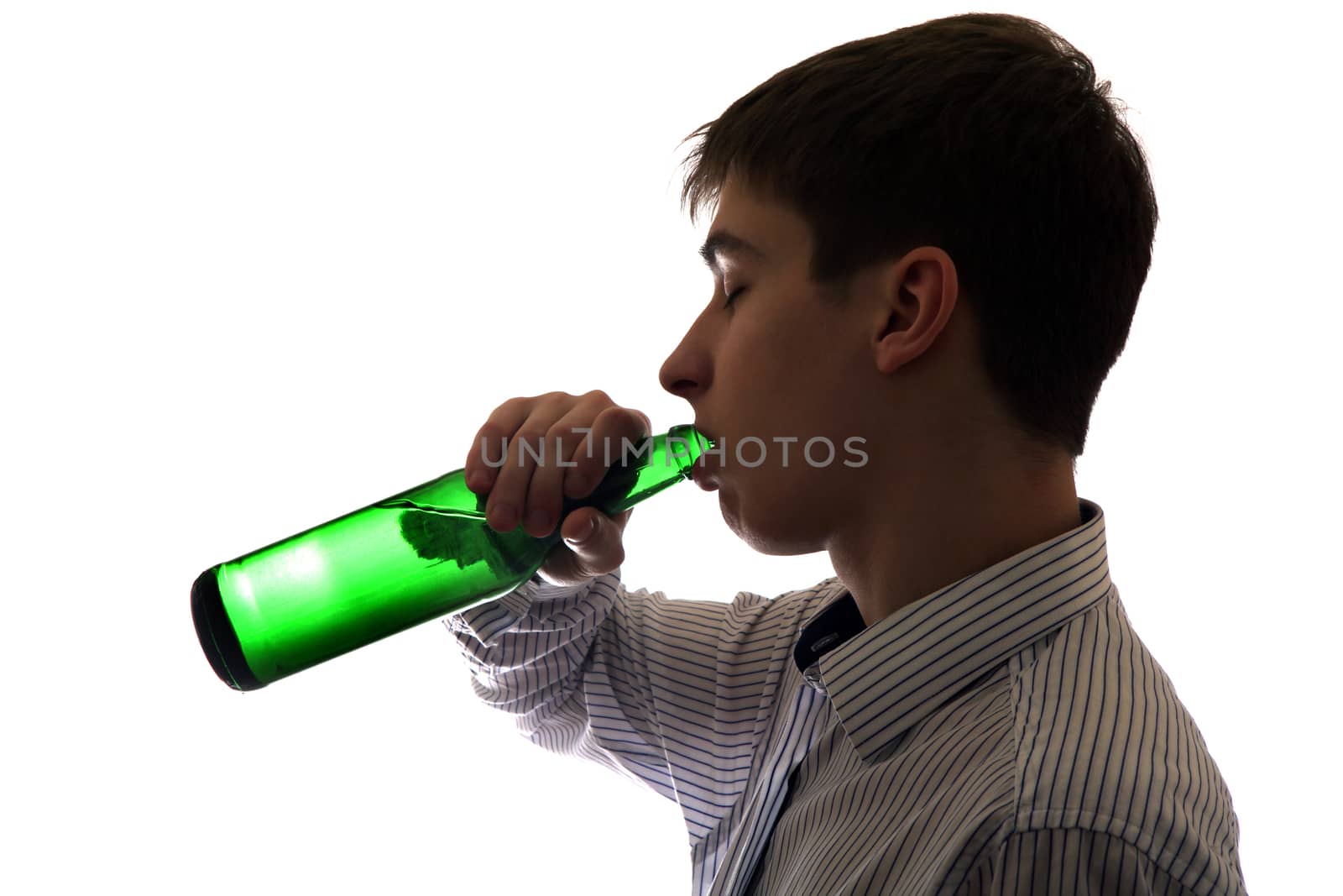 Silhouette of Teenager drinks a Beer on the White Background