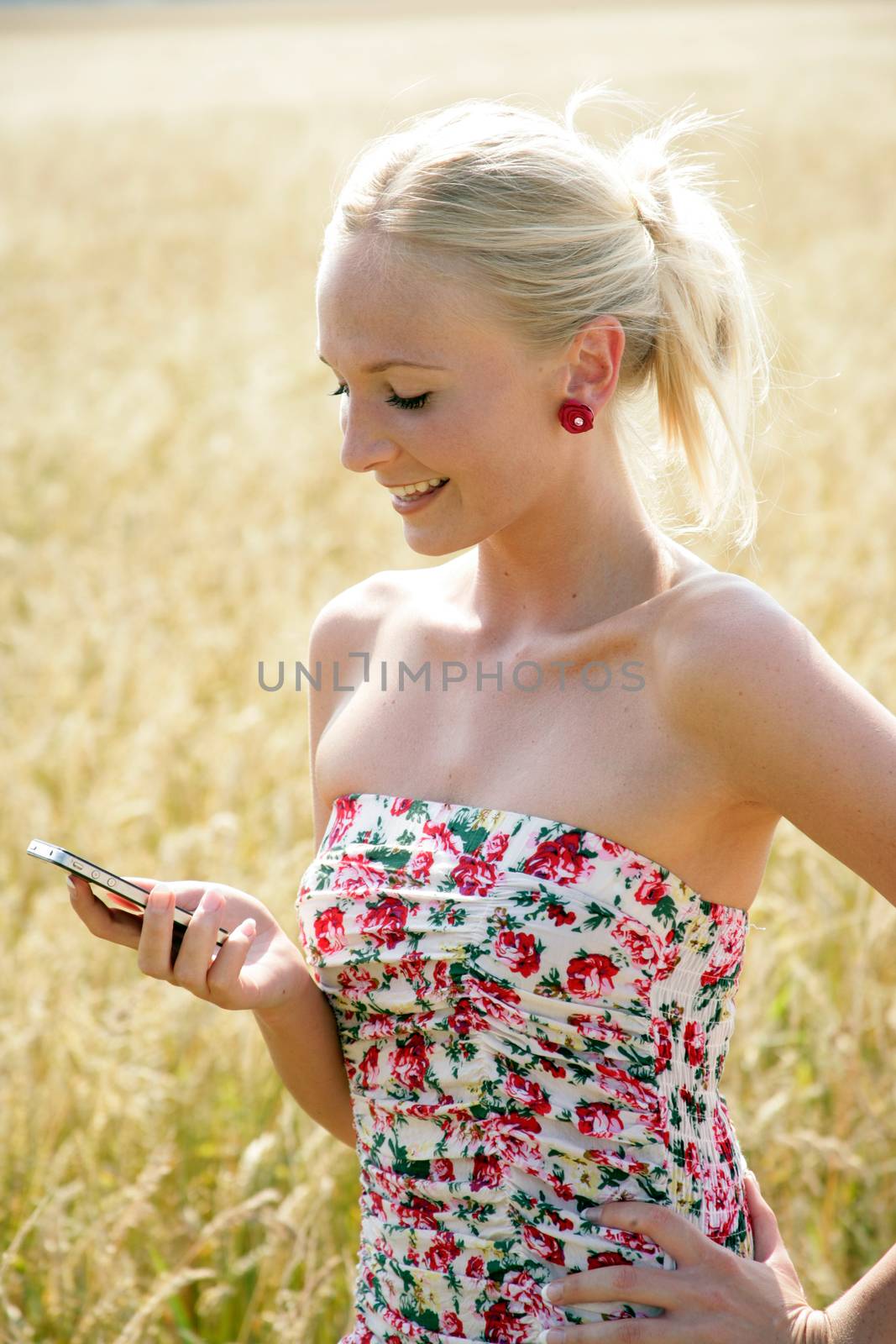 Young attractive woman standing in a wheat field, looking at her cellphone. She looks happy and relaxed.