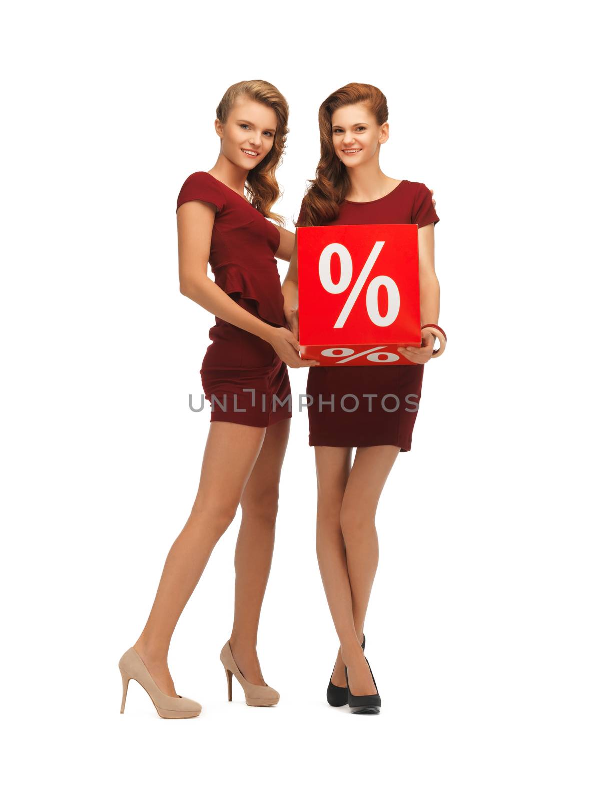 two teenage girls in red dresses with percent sign by dolgachov