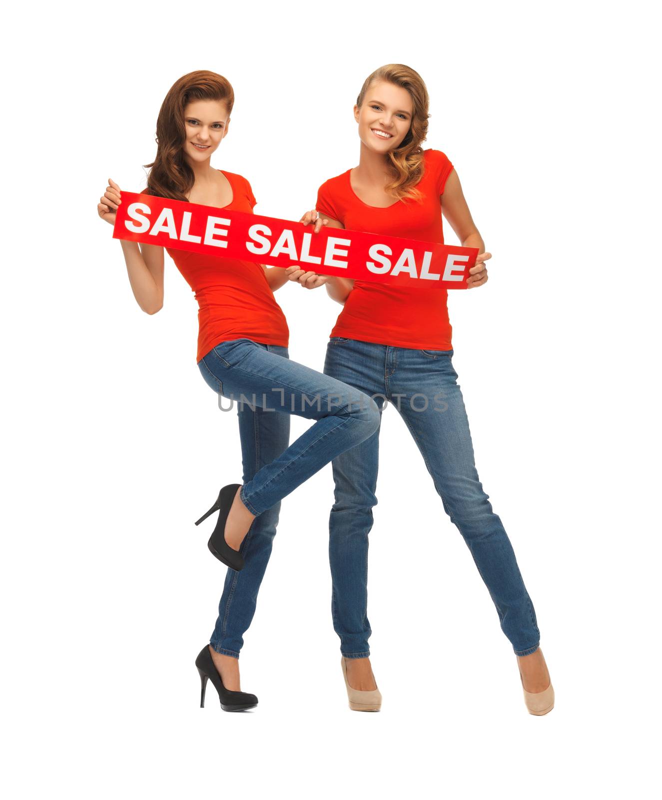 two teenage girls in red t-shirts with sale sign