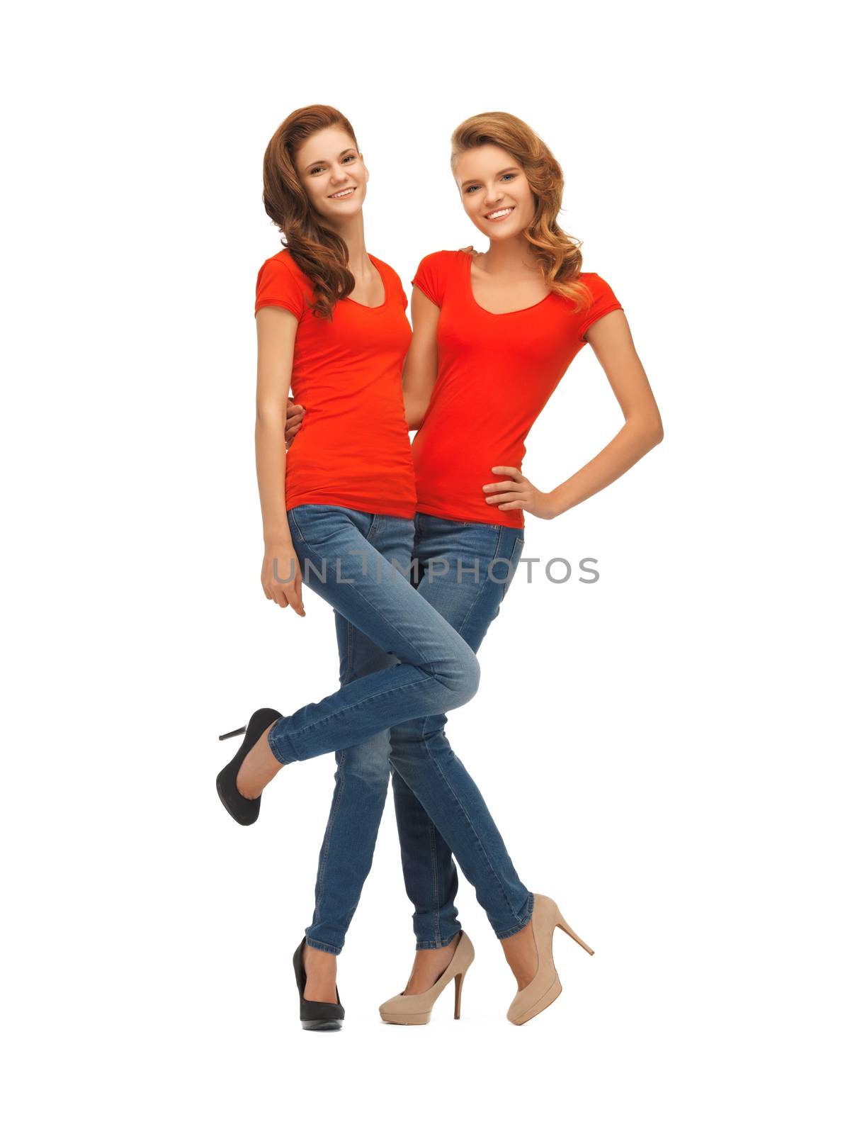 two beautiful teenage girls in red t-shirts by dolgachov