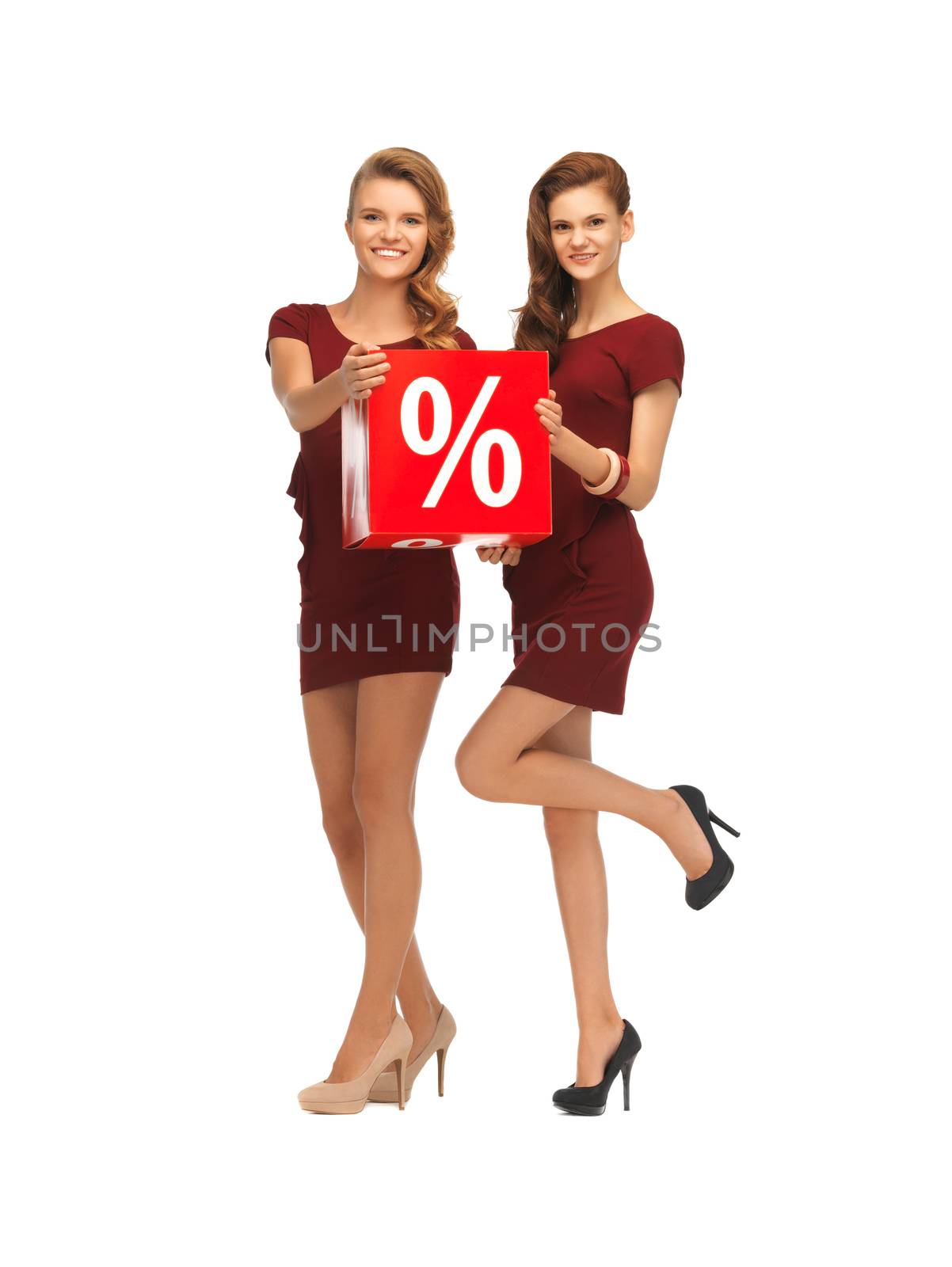 picture of two teenage girls in red dresses with percent sign