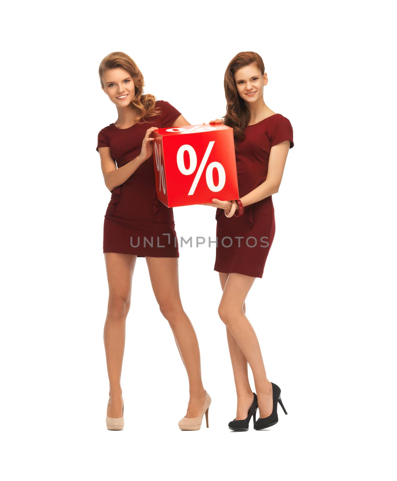 two teenage girls in red dresses with percent sign by dolgachov