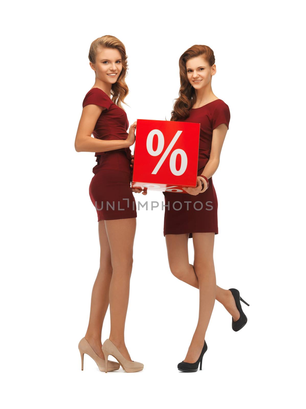 two teenage girls in red dresses with percent sign by dolgachov