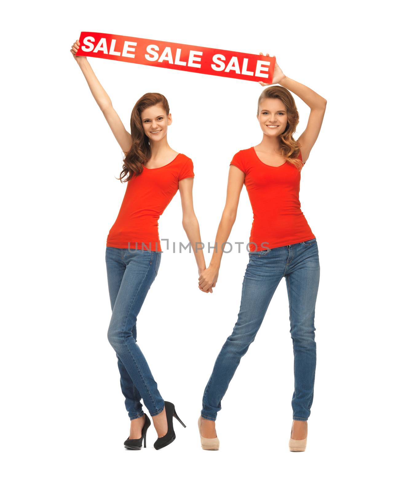 two teenage girls in red t-shirts with sale sign