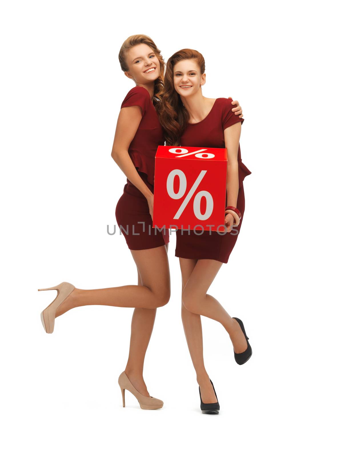 two teenage girls in red dresses with percent sign by dolgachov