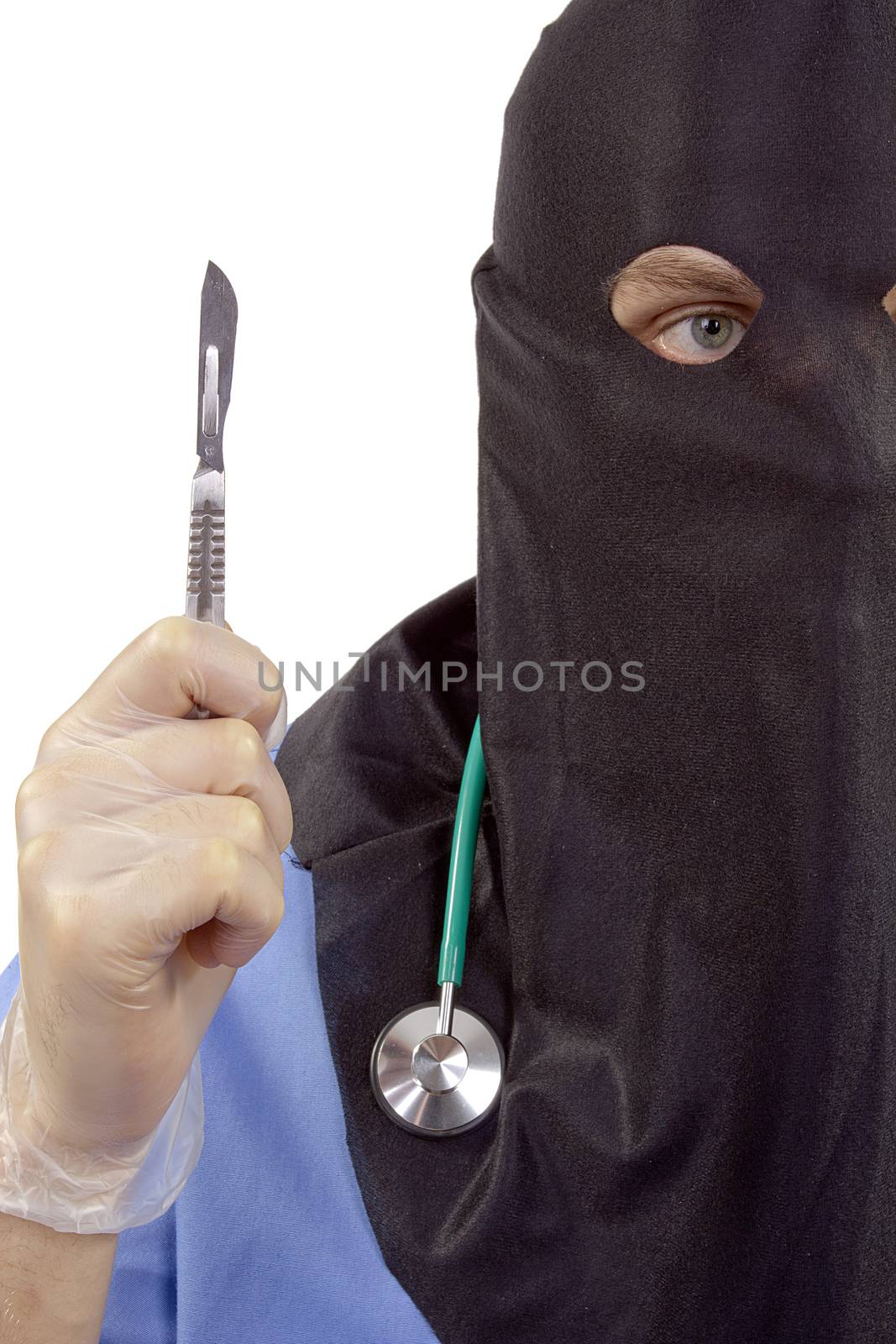 Creative on negligence in surgery. A doctor in a mask executioner.