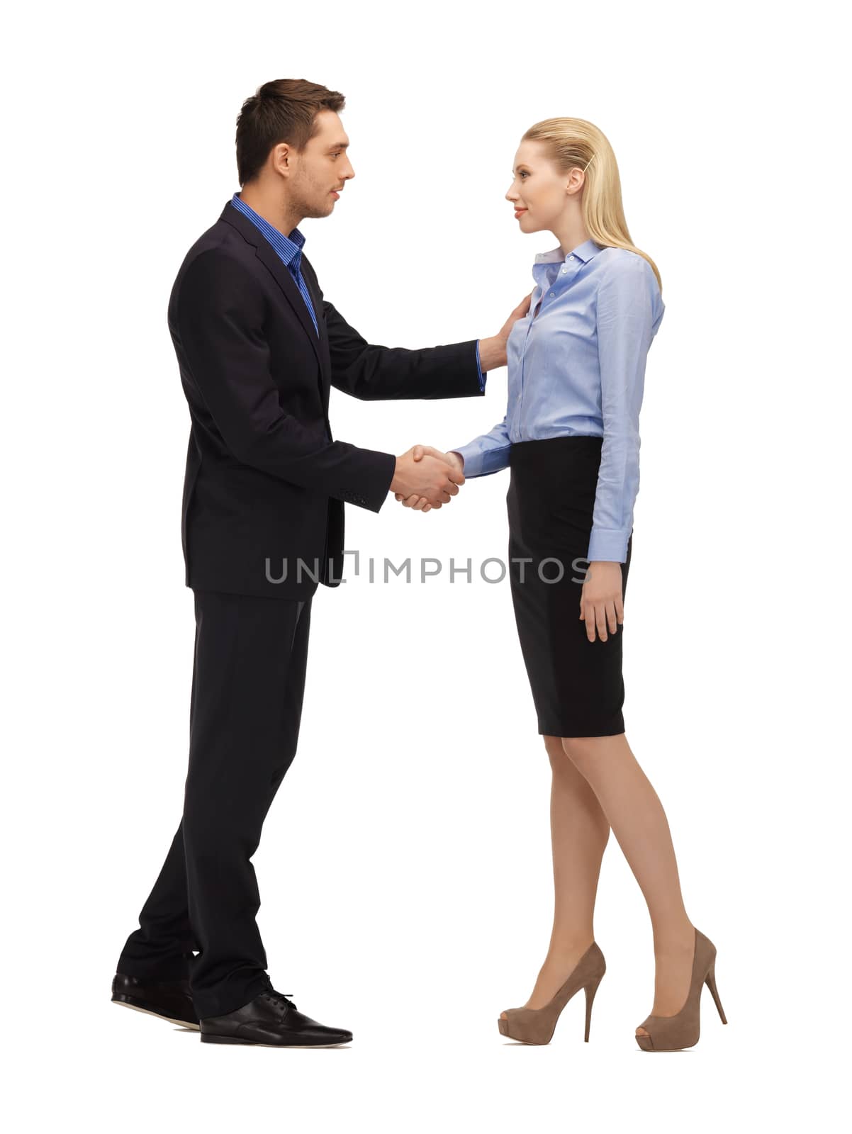 bright picture of man and woman shaking their hands.