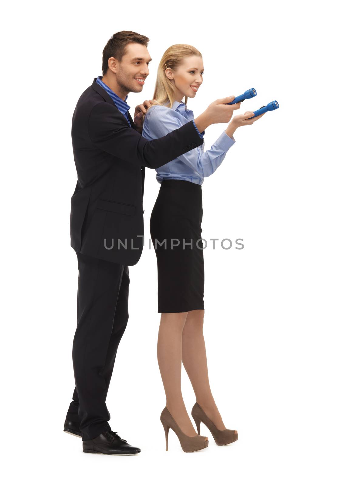 bright picture of man and woman with flashlights.