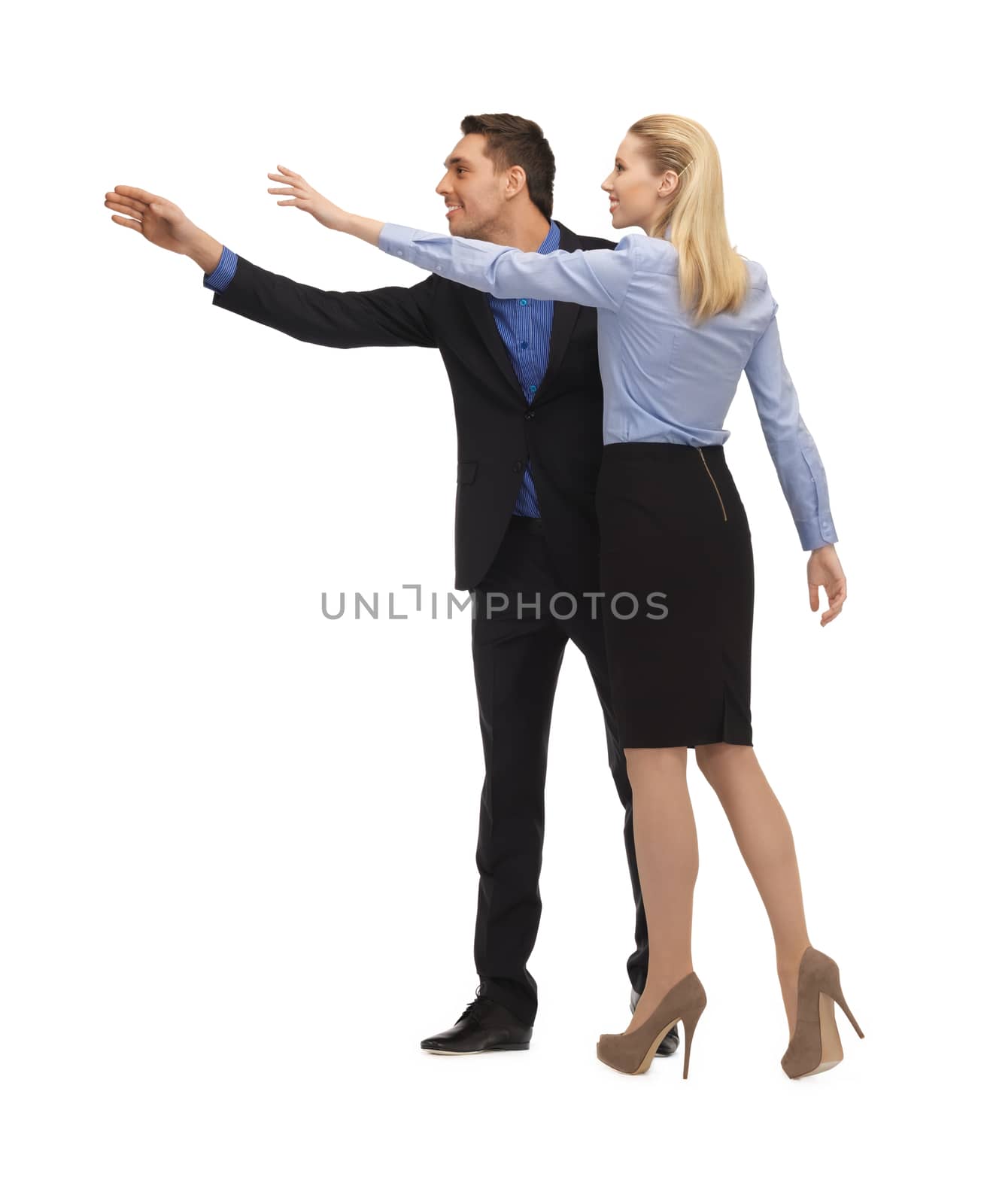 picture of man and woman making a greeting gesture.