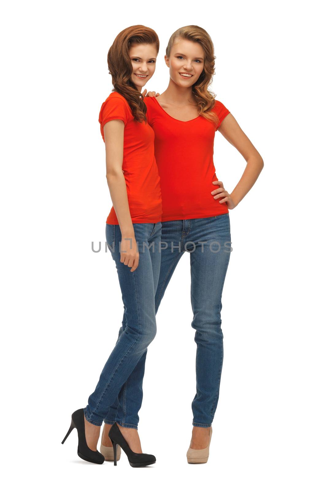 picture of two beautiful teenage girls in red t-shirts