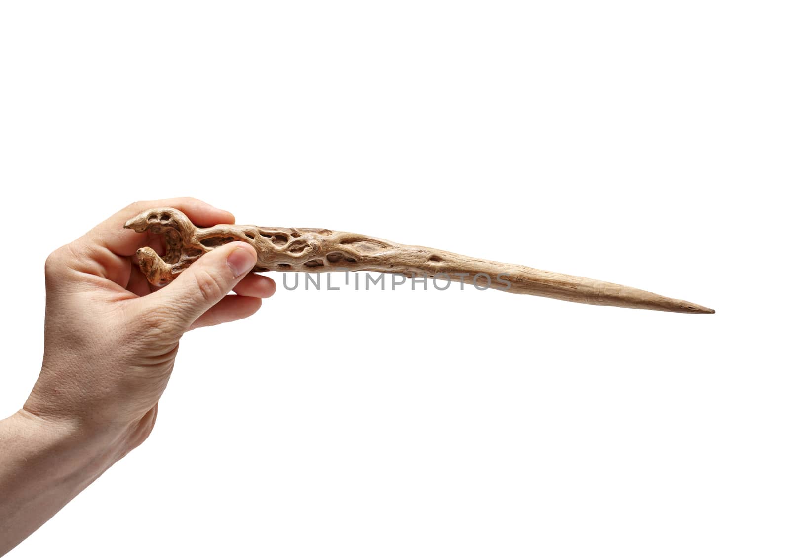 Man's hand and wand shot closeup isolated on a white background