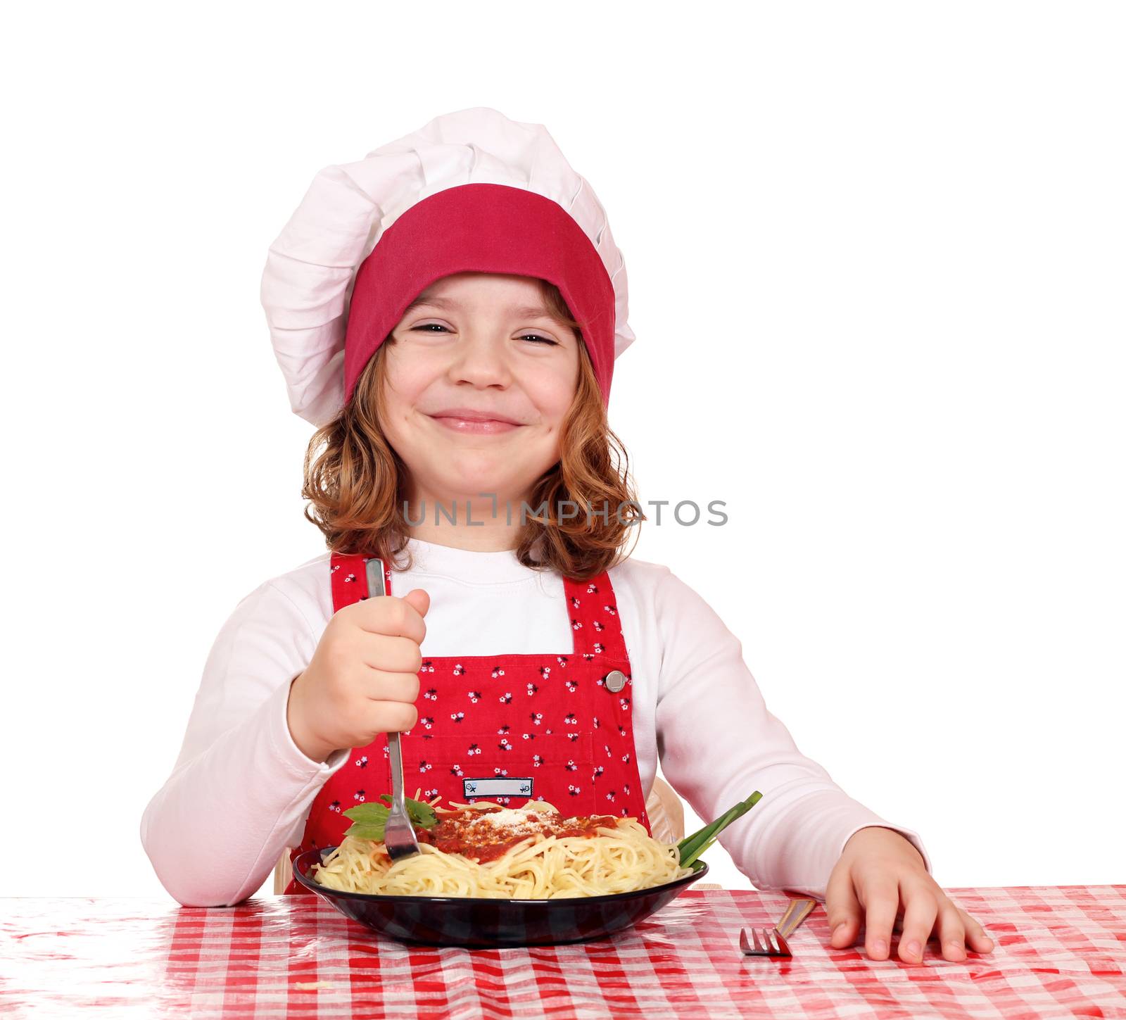 happy little girl cook eat spaghetti by goce