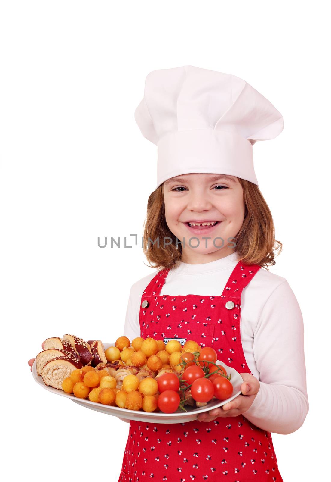 happy little girl cook hold plate with gourmet food