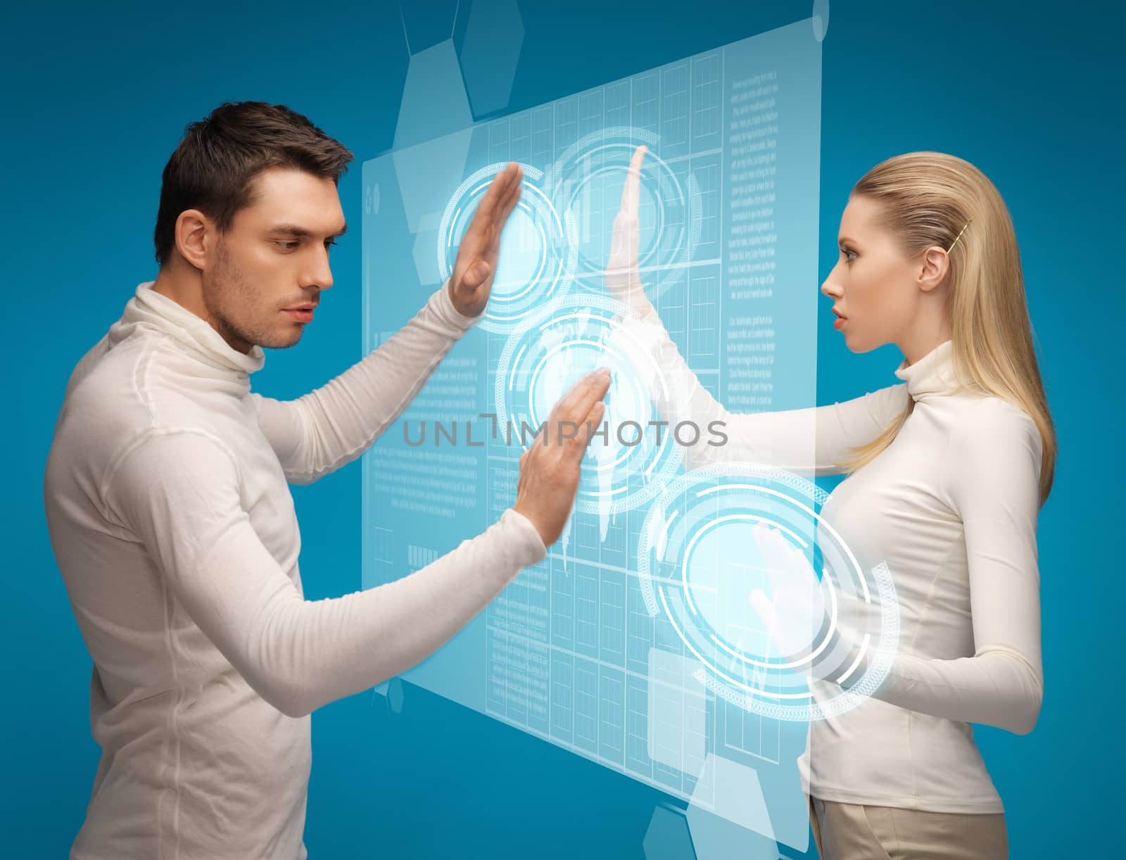 man and woman working with virtual screens by dolgachov