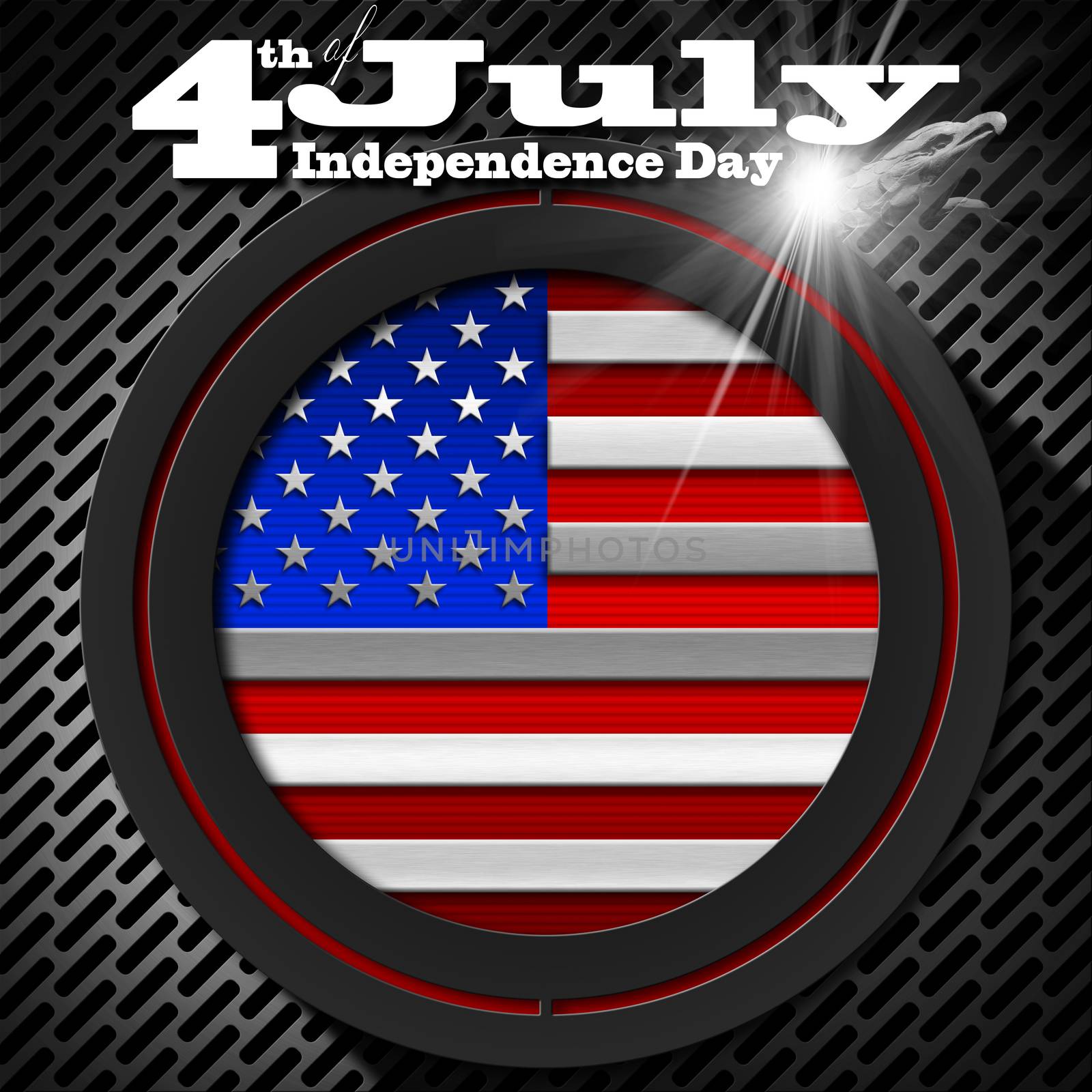 US flag and eagle on black background with metallic grid with phrase "4th of July - Independence Day"
