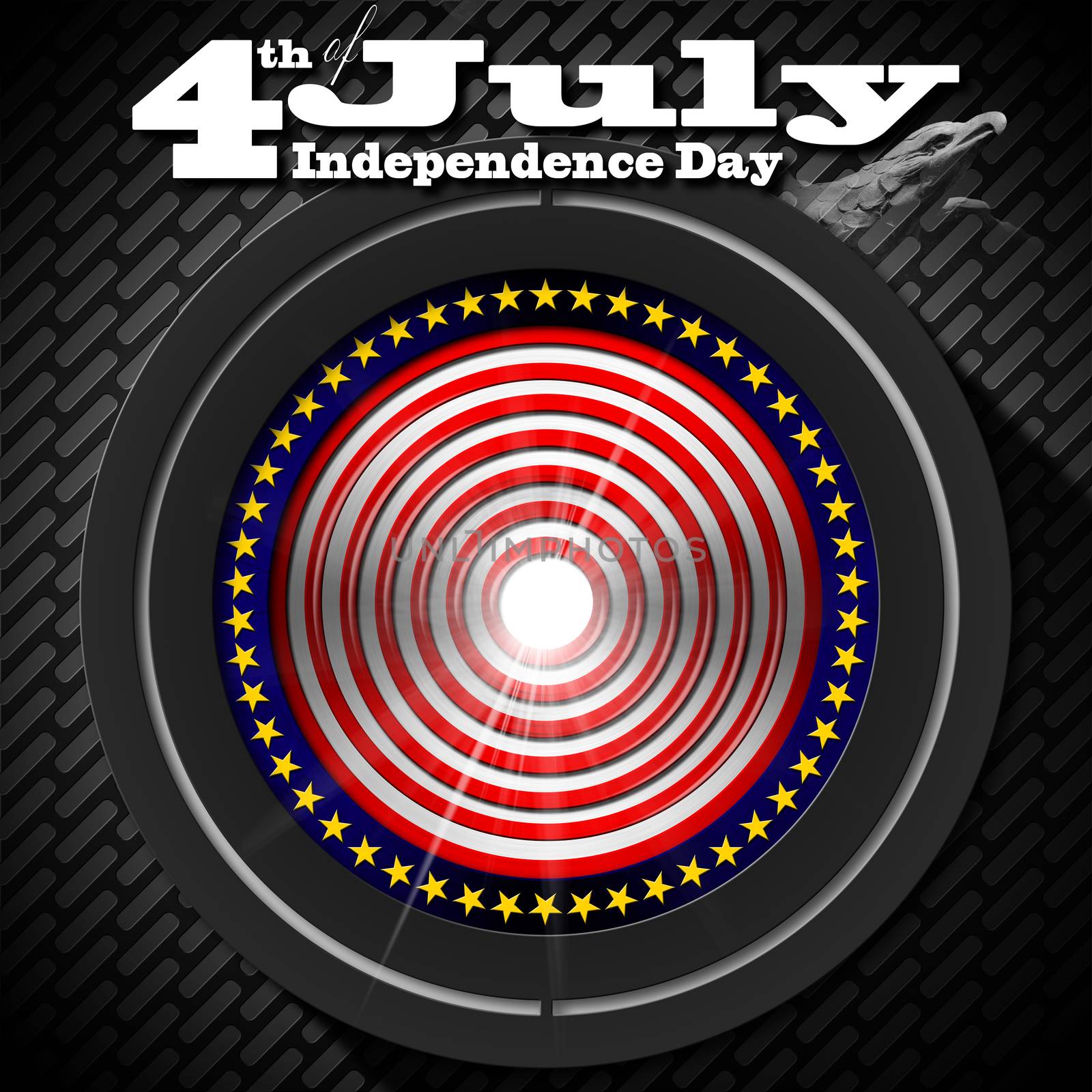 US flag and eagle on black background with metallic grid with phrase "4th of July - Independence Day"
