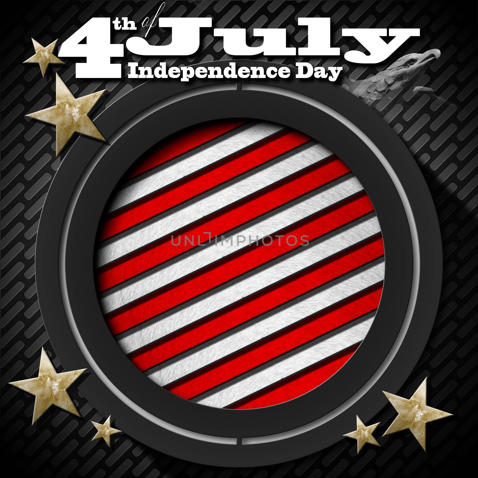 US flag and eagle on black background with metallic grid with phrase "4th of July - Independence Day"
