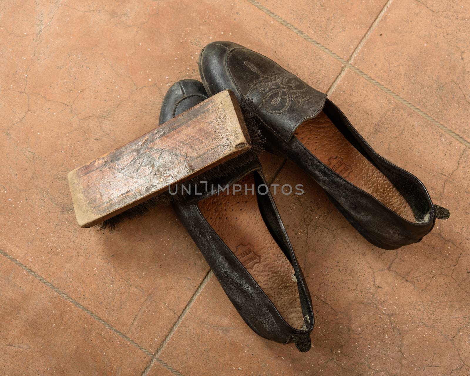 Pair of leather shoes and brush