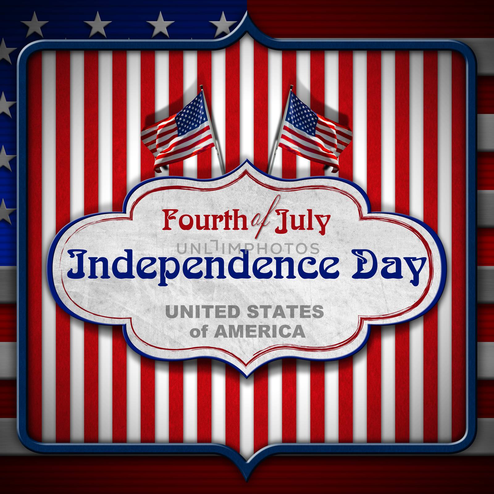 Vintage background with US flags, label and phrase: Fourth of July Independence Day - United States of America