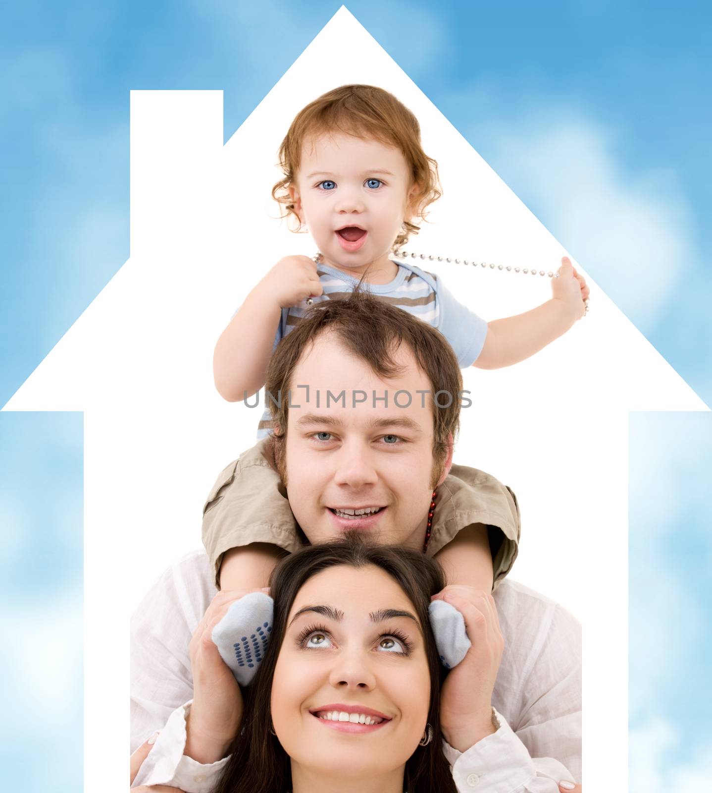 bright picture of happy family over house symbol and blue sky