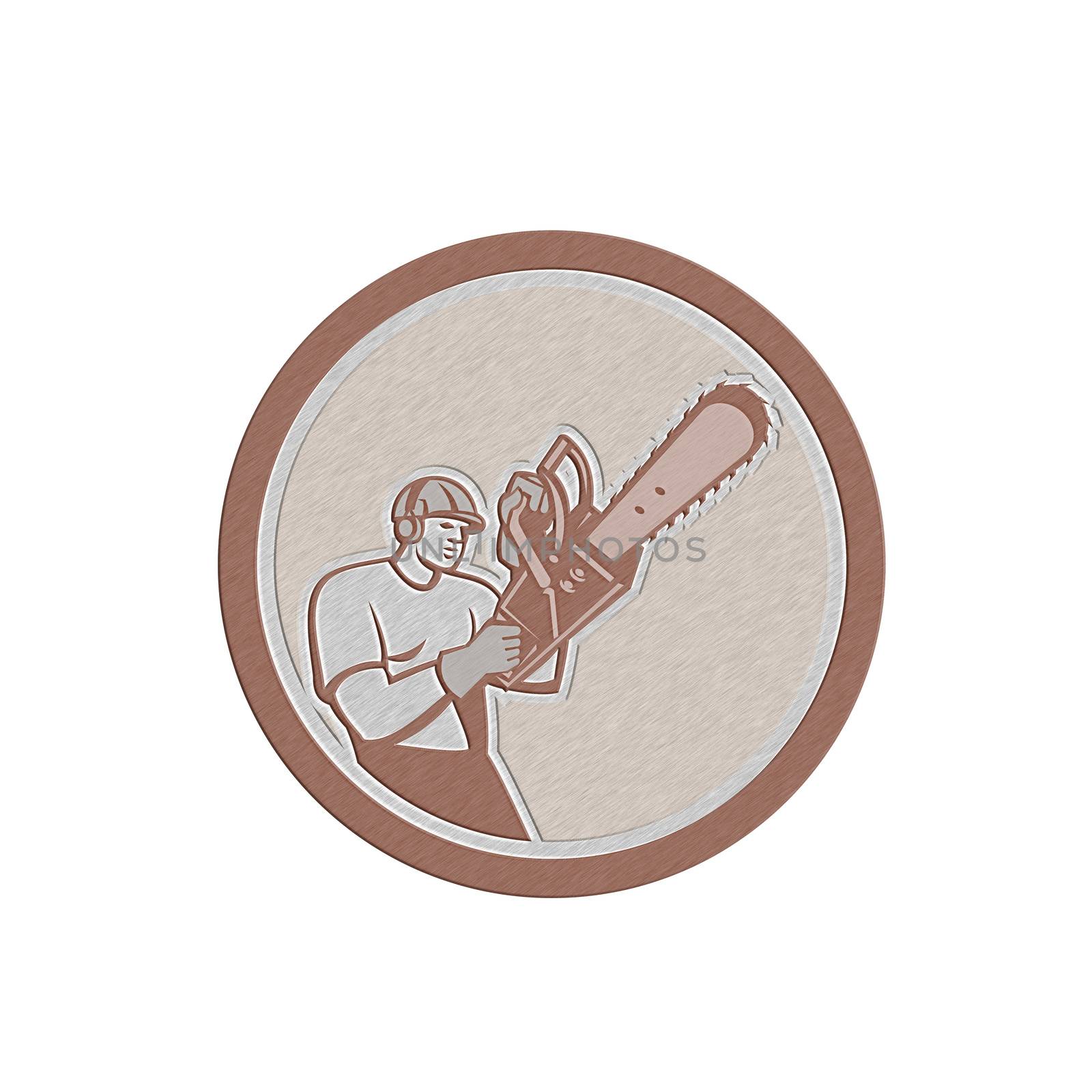 Metallic styled illustration of lumberjack arborist tree surgeon holding a chainsaw set inside a circle on isolated white background.