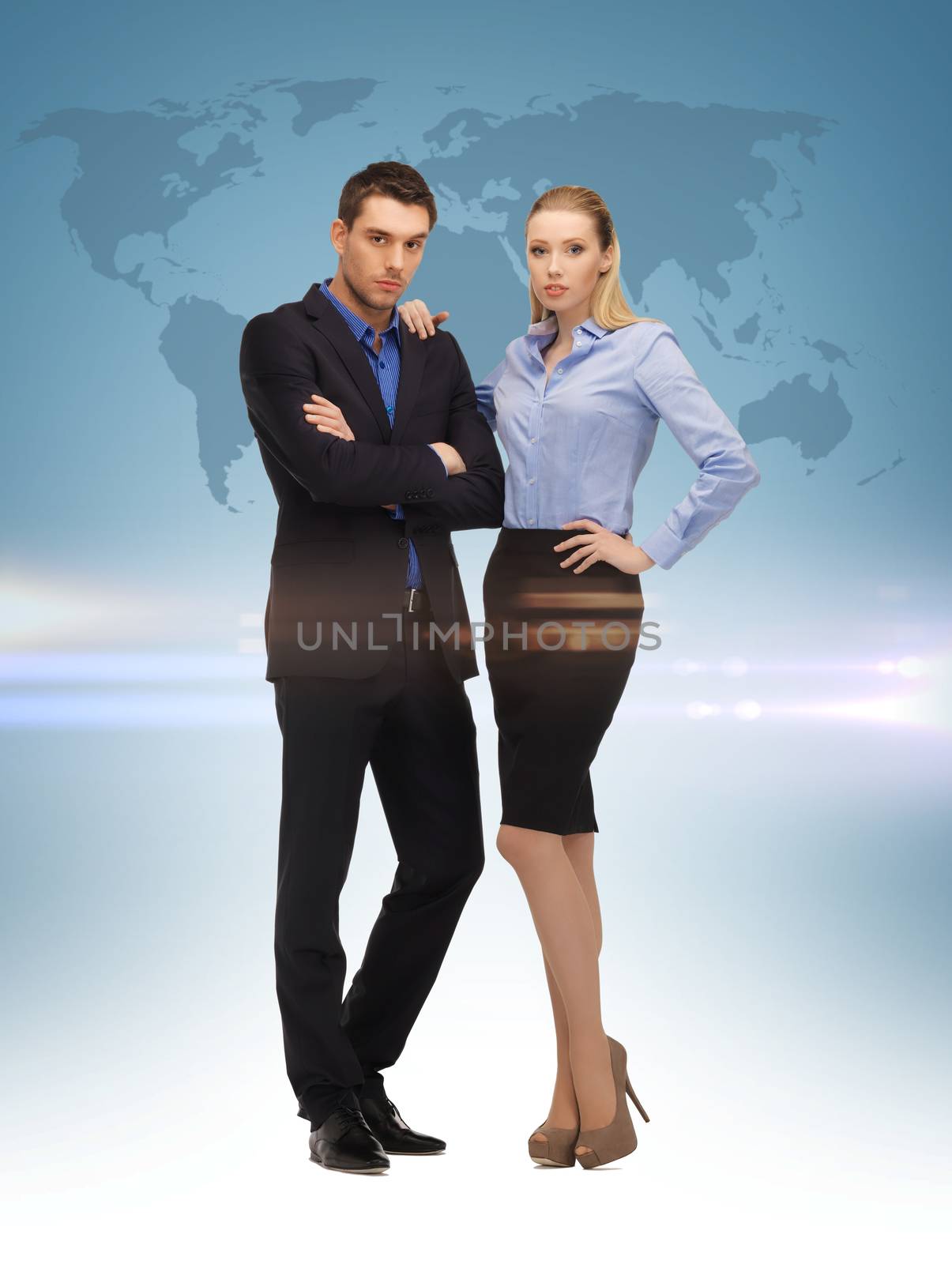 picture of businesswoman and businessman and world map