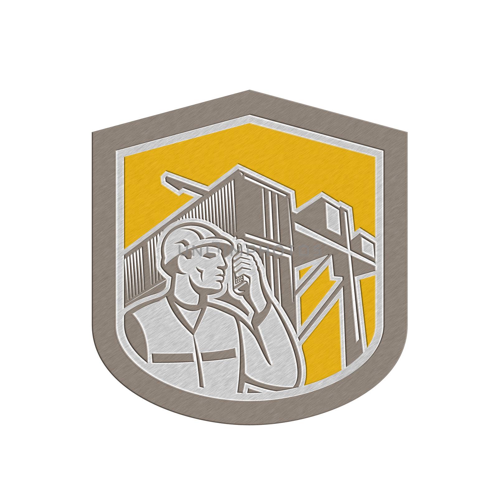 Metallic styled illustration of a dock worker on phone calling with shipping containers in the background set inside shield crest done in retro style.
