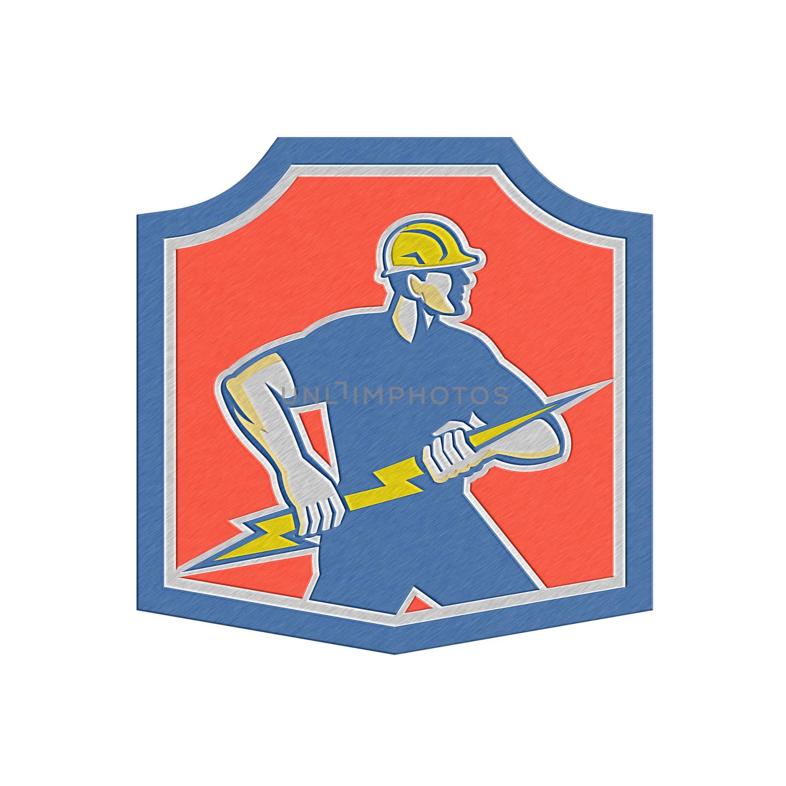Metallic styled illustration of an electrician holding a lightning bolt facing side done in retro style set inside a crest. 
