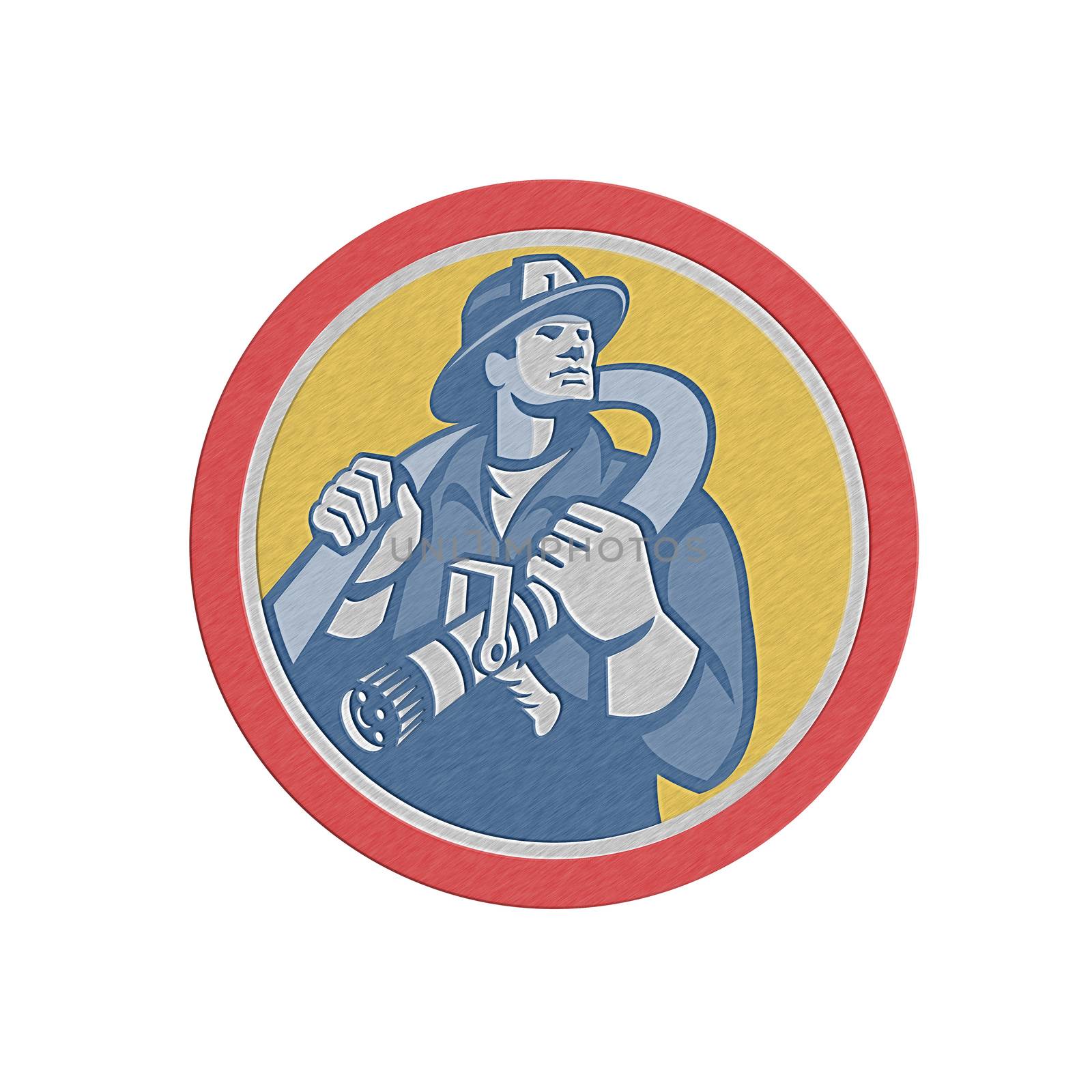 Metallic styled illustration of a fireman fire fighter emergency worker holding fire hose over his shoulder viewed from front set inside circle done in retro style.