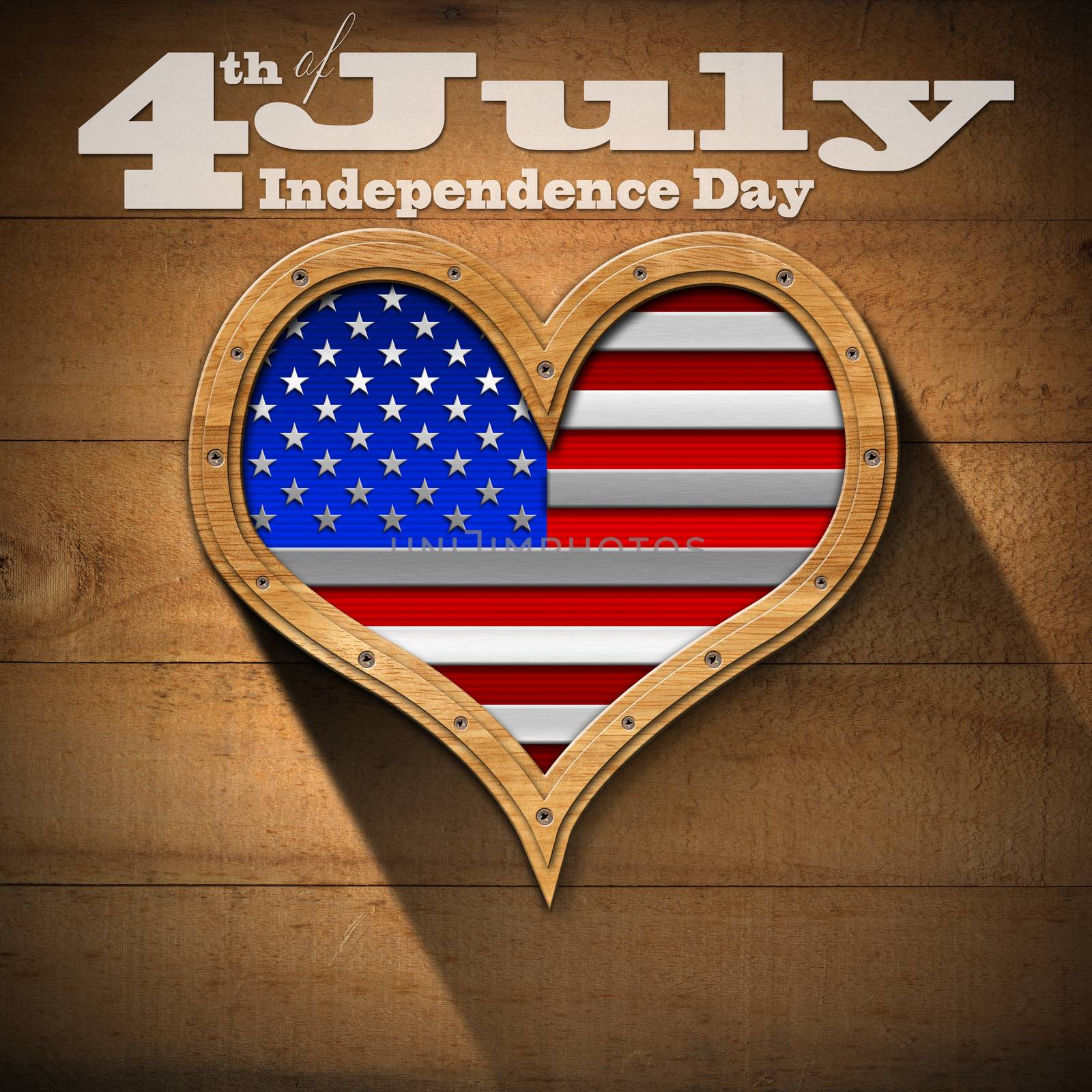 Wooden porthole heart shape with US flag interior, on wooden wall with phrase "4th of July - Independence Day"