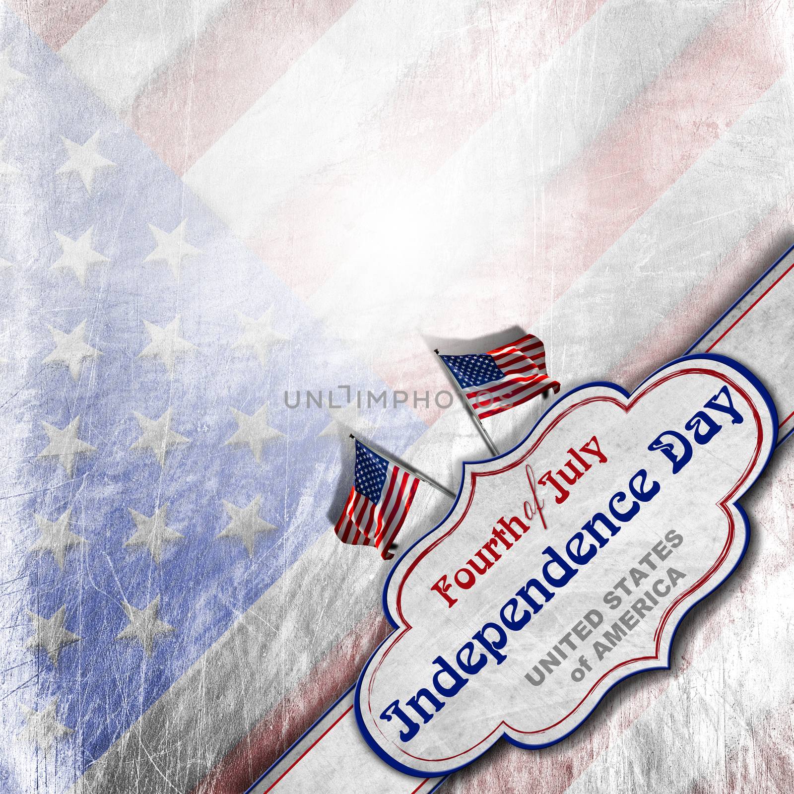 Vintage background with US flags, label and phrase: Fourth of July Independence Day - United States of America