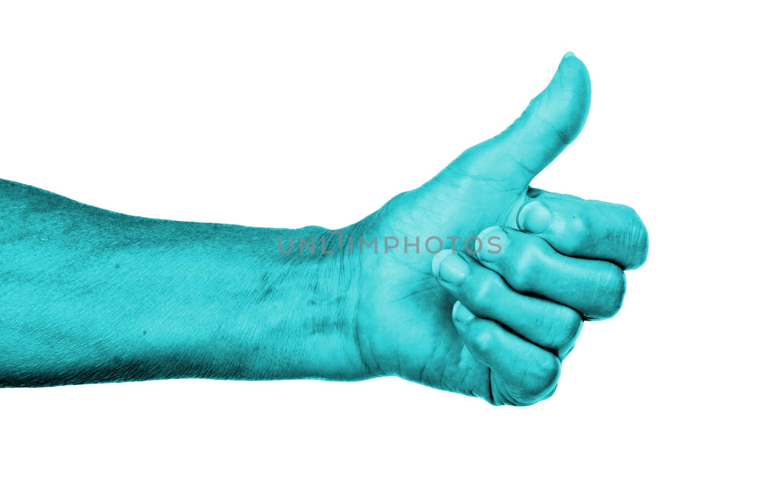 Old woman with arthritis giving the thumbs up sign, blue skin
