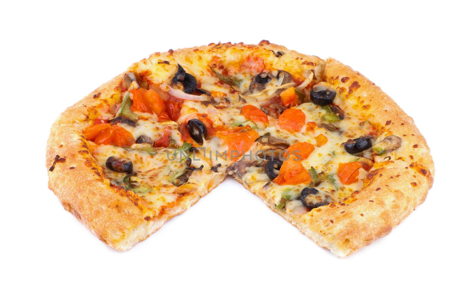 Vegetarian Pizza with Tomatoes, Black Olives and Cheese without One Slice isolated on white background