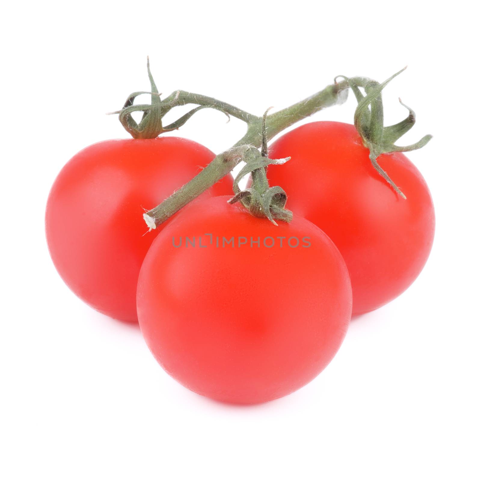 Three Ripe Tomatoes with Twigs and Stems isolated on white background